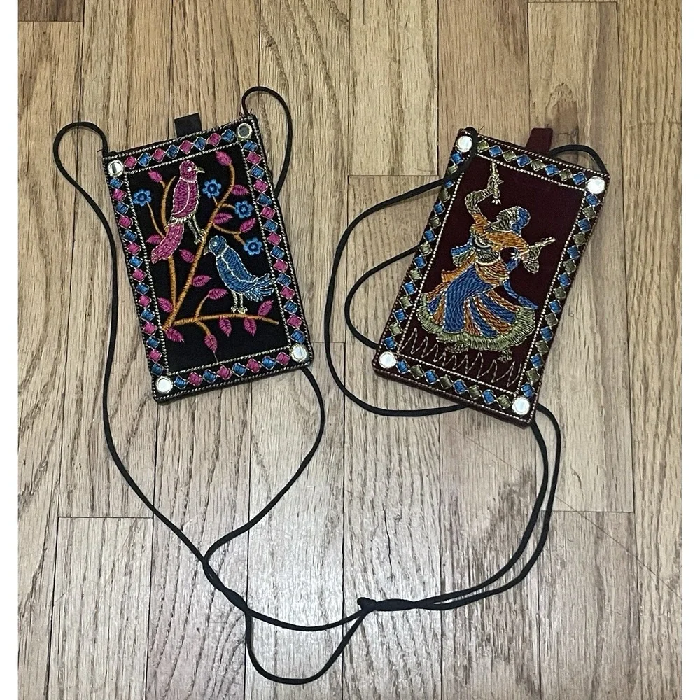 Rajasthani Embroidered Phone Purse Of A‎ Dancer / Tropical BirdsFloral 2pcs